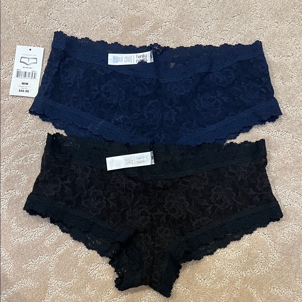 Hanky Panky Floral Lace Boyshorts in Dark Blue and Black